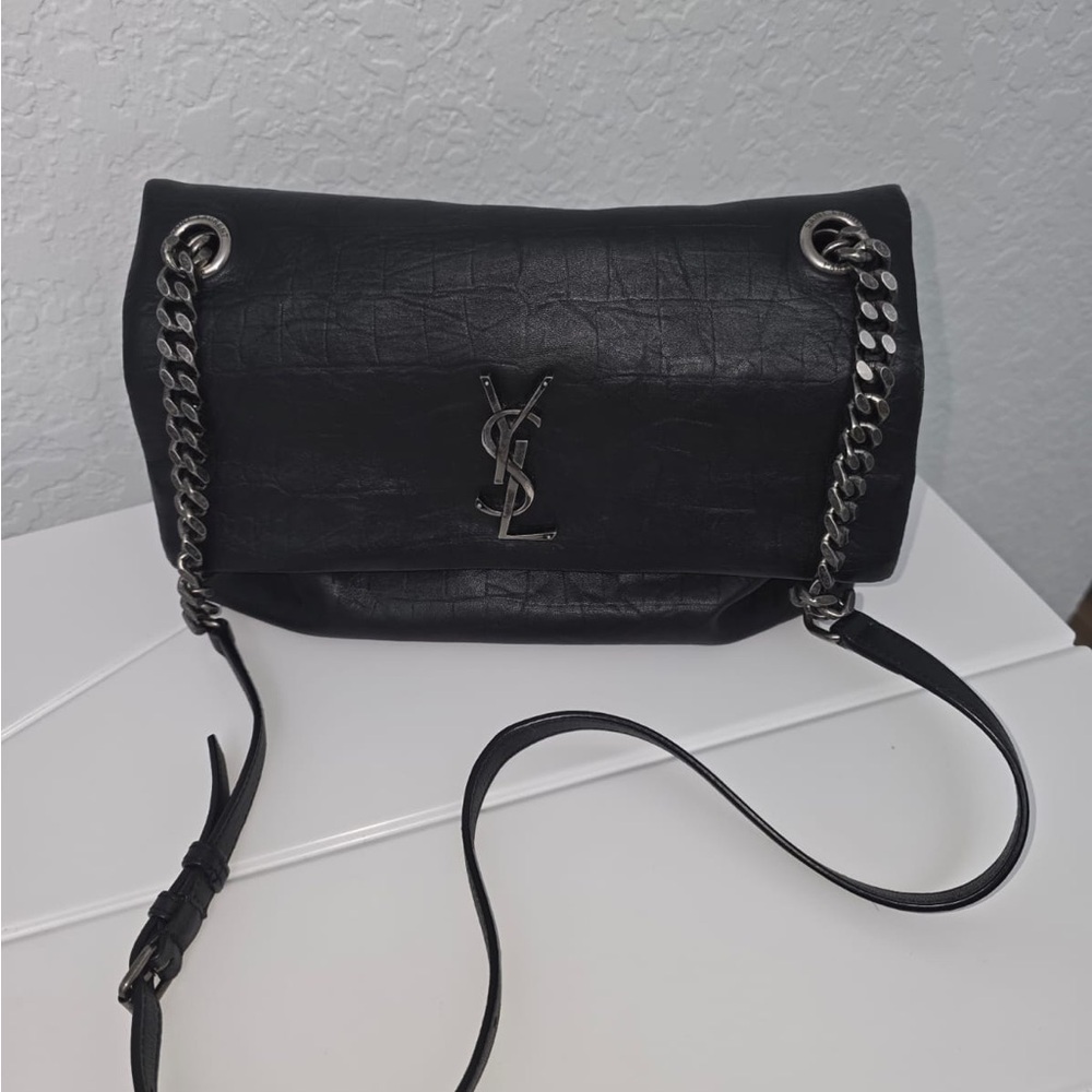 Yves Saint Laurent Black Croc-Embossed Crossbody Bag